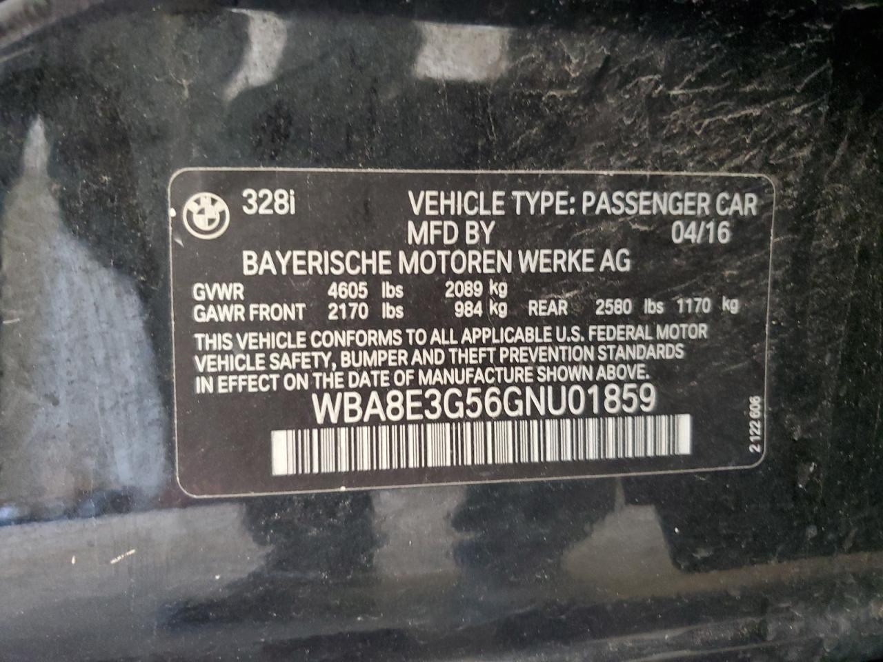 2016 BMW 328 Xi Sulev VIN: WBA8E3G56GNU01859 Lot: 85526205