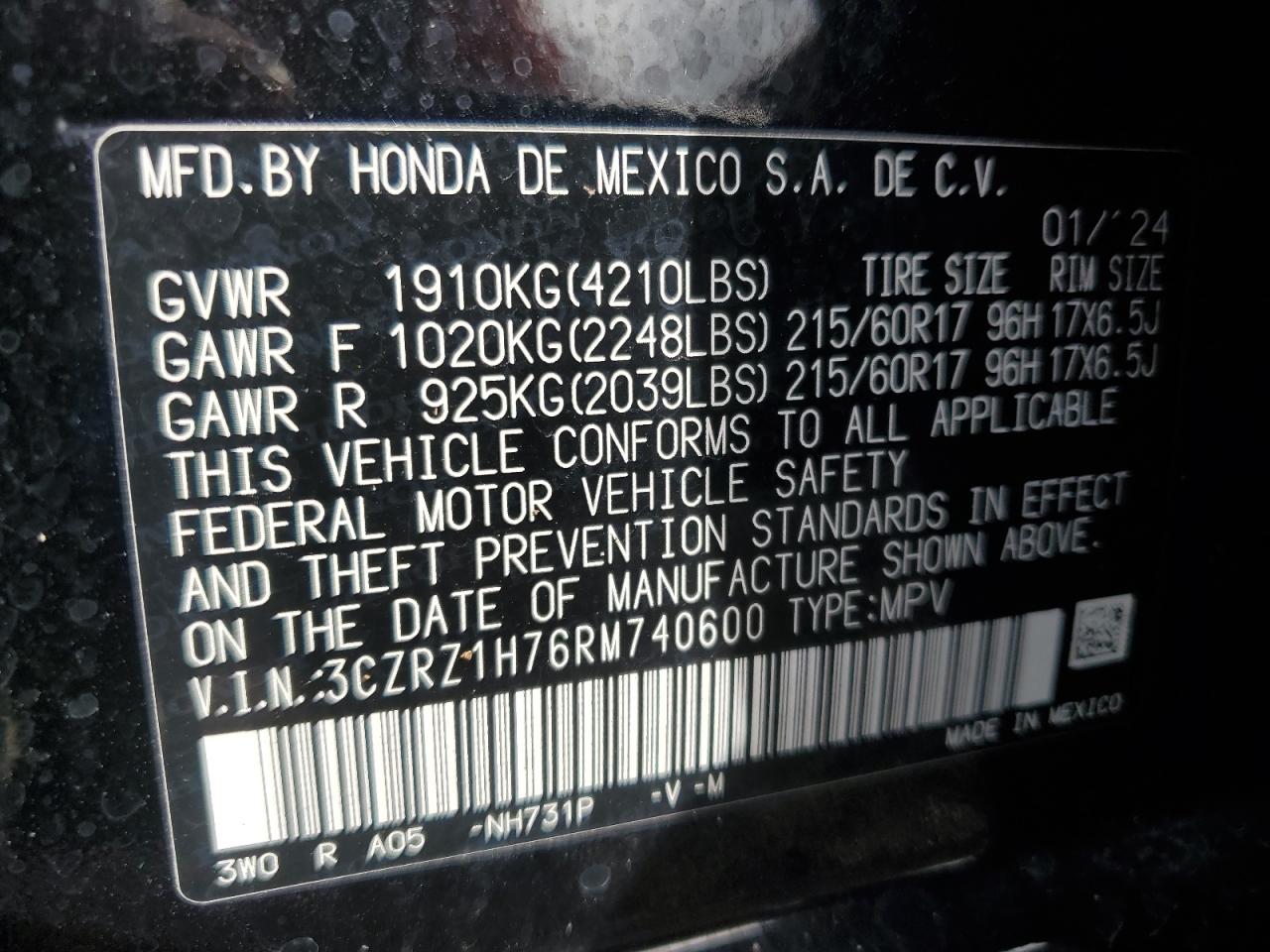 2024 Honda Hr-V Exl VIN: 3CZRZ1H76RM740600 Lot: 84910575