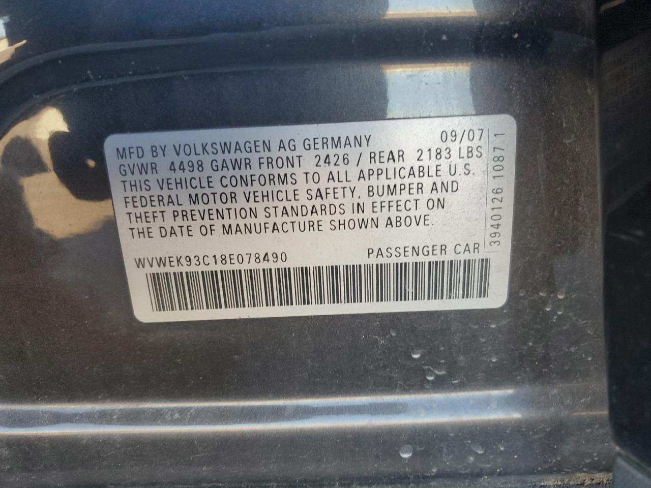 2008 Volkswagen Passat Lux VIN: WVWEK93C18E078490 Lot: 87358795