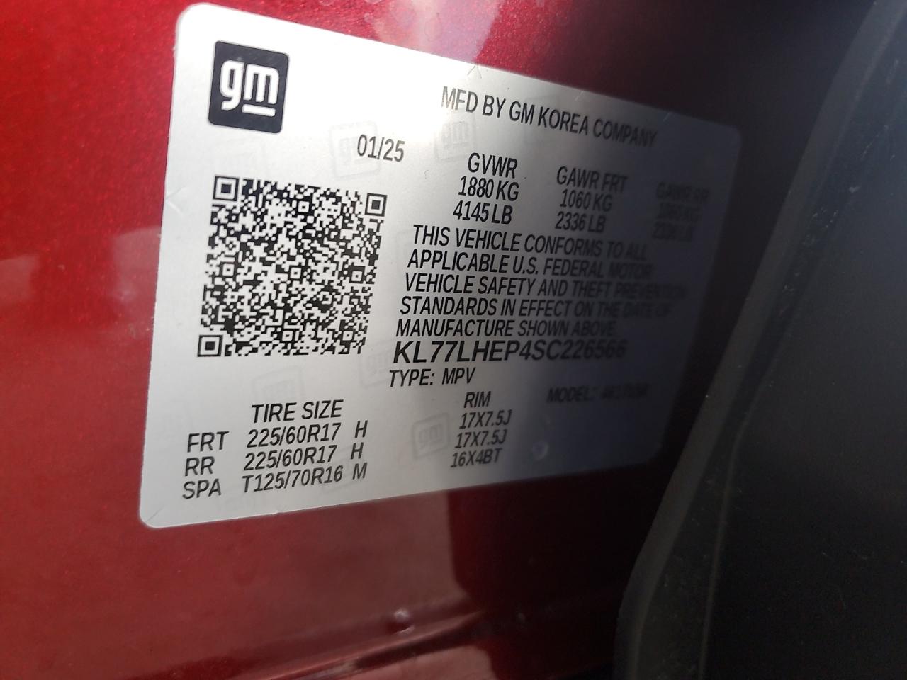 2025 Chevrolet Trax 1Lt VIN: KL77LHEP4SC226566 Lot: 86695625