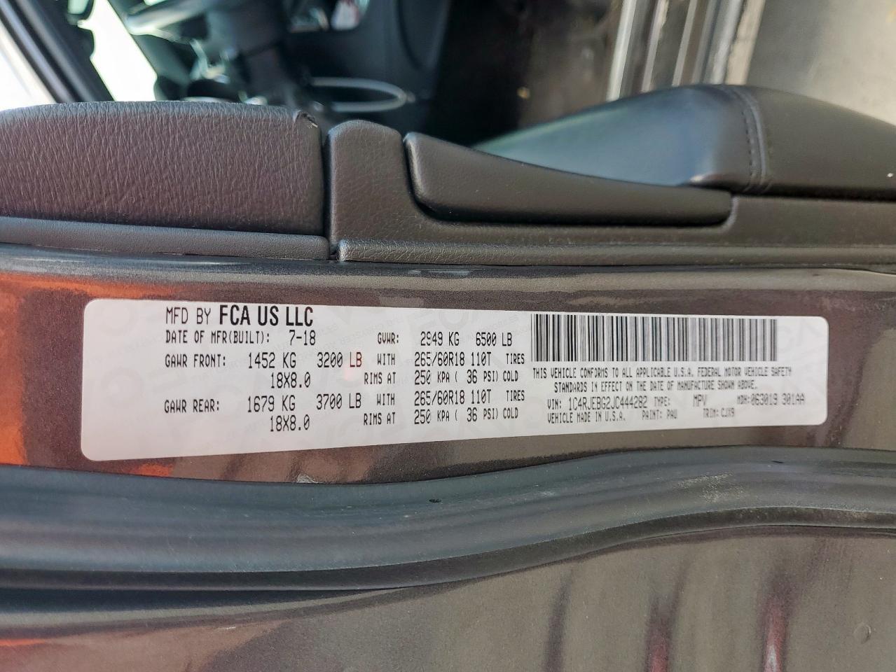 2018 Jeep Grand Cherokee Limited VIN: 1C4RJEBG2JC444282 Lot: 85542505