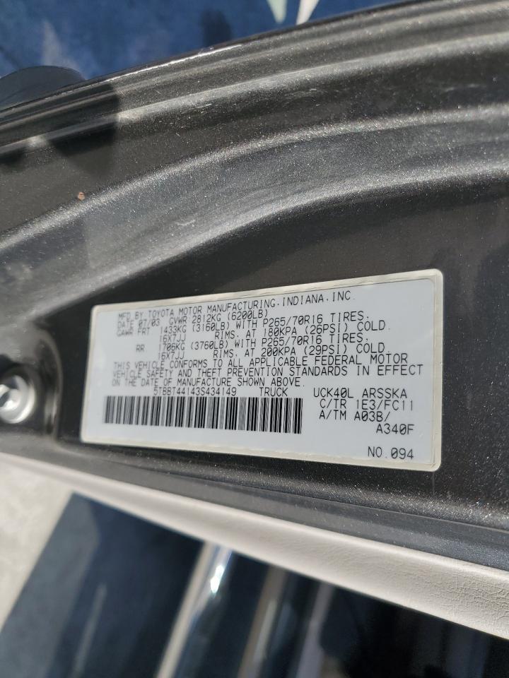 2003 Toyota Tundra Access Cab Sr5 VIN: 5TBBT44143S434149 Lot: 84071825