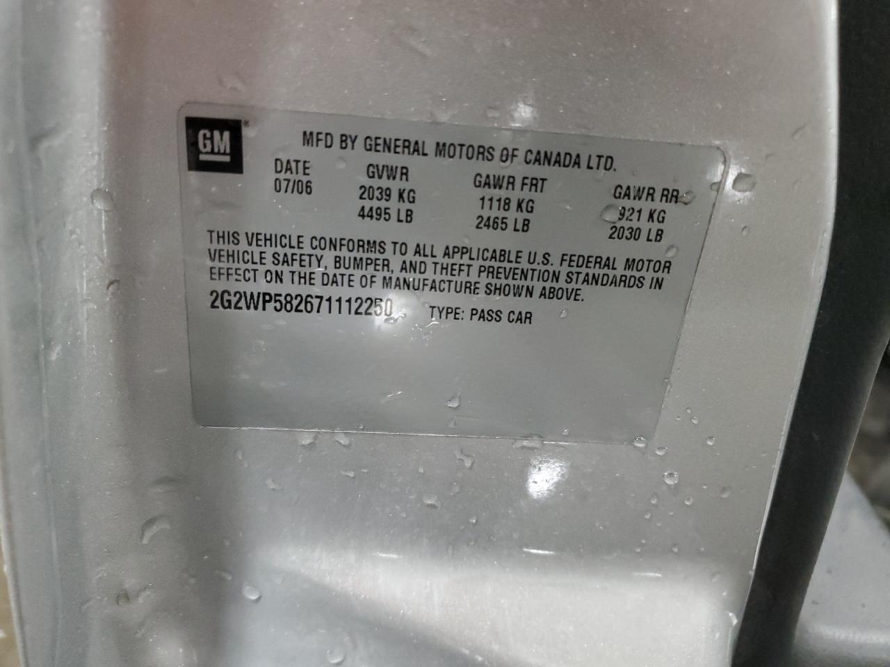 2007 Pontiac Grand Prix VIN: 2G2WP582671112250 Lot: 85173445