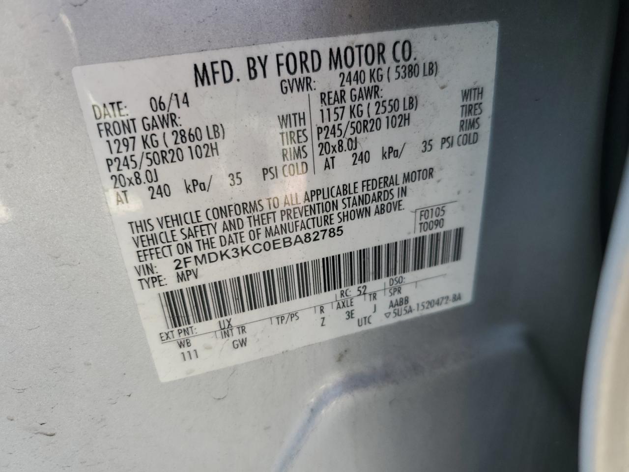 2014 Ford Edge Limited VIN: 2FMDK3KC0EBA82785 Lot: 86812375