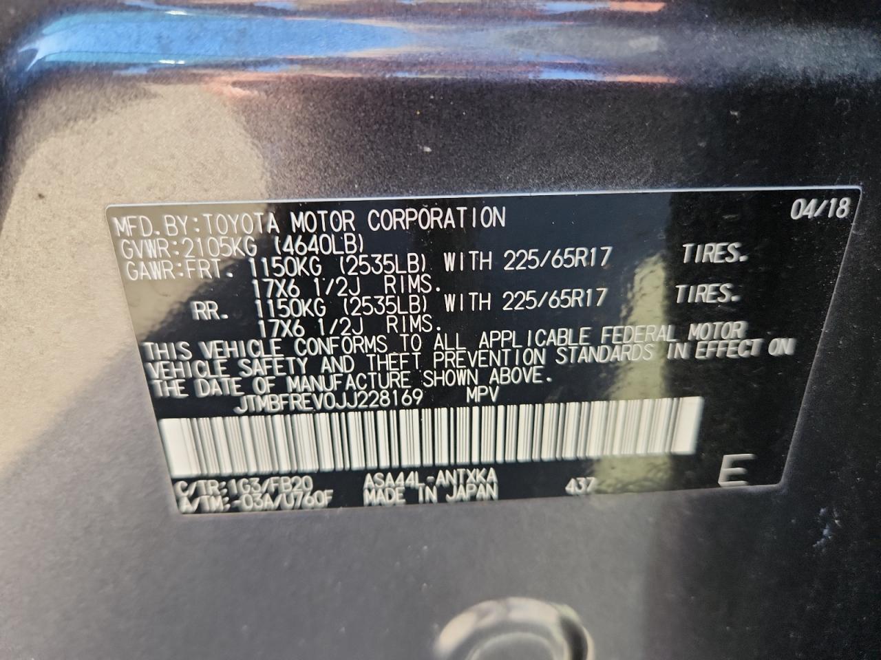 2018 Toyota Rav4 Le VIN: JTMBFREV0JJ228169 Lot: 84273745