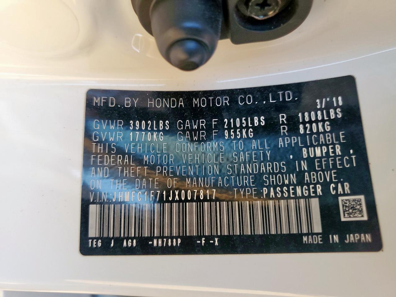 2018 Honda Civic Exl VIN: JHMFC1F71JX007817 Lot: 85877535