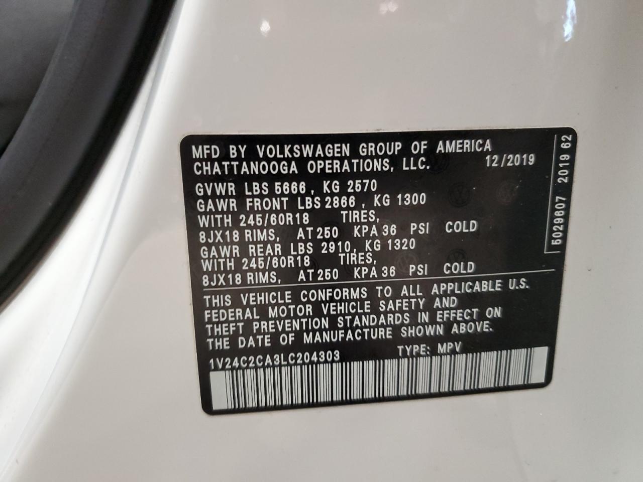 2020 Volkswagen Atlas Cross Sport Se VIN: 1V24C2CA3LC204303 Lot: 82501095