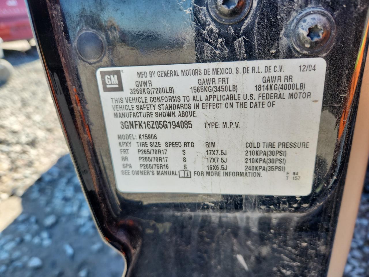 2005 Chevrolet Suburban K1500 VIN: 3GNFK16Z05G194085 Lot: 86189785