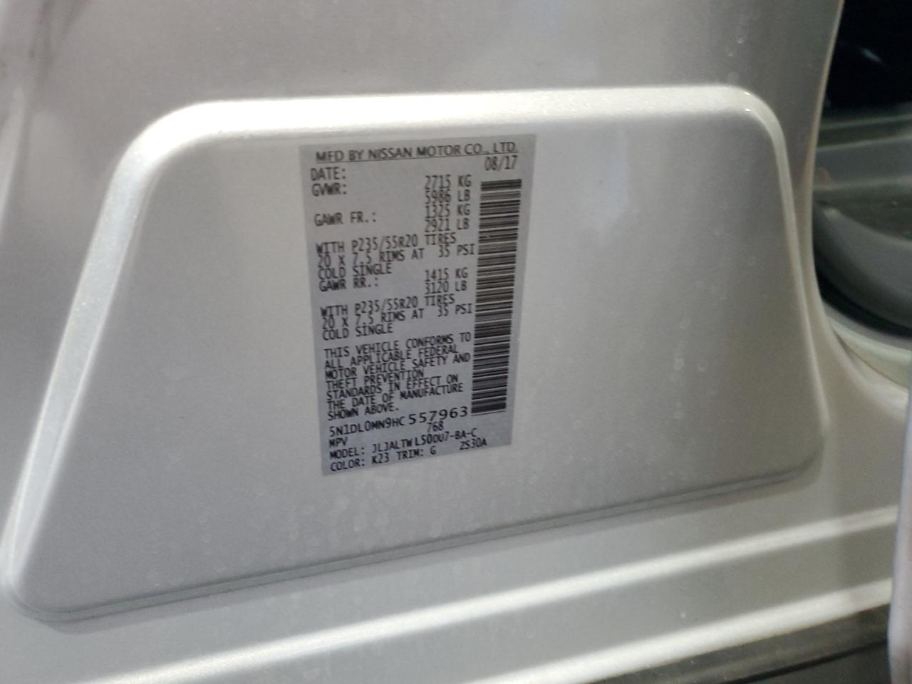 2017 Infiniti Qx60 VIN: 5N1DL0MN9HC557963 Lot: 82661485