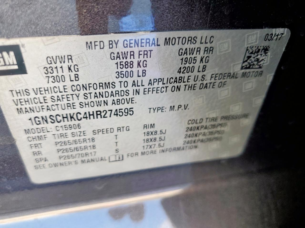 2017 Chevrolet Suburban C1500 Lt VIN: 1GNSCHKC4HR274595 Lot: 82480045