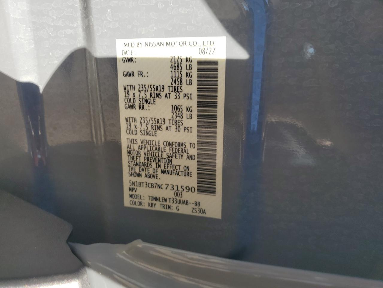 2022 Nissan Rogue Sl VIN: 5N1BT3CB7NC731590 Lot: 85004005