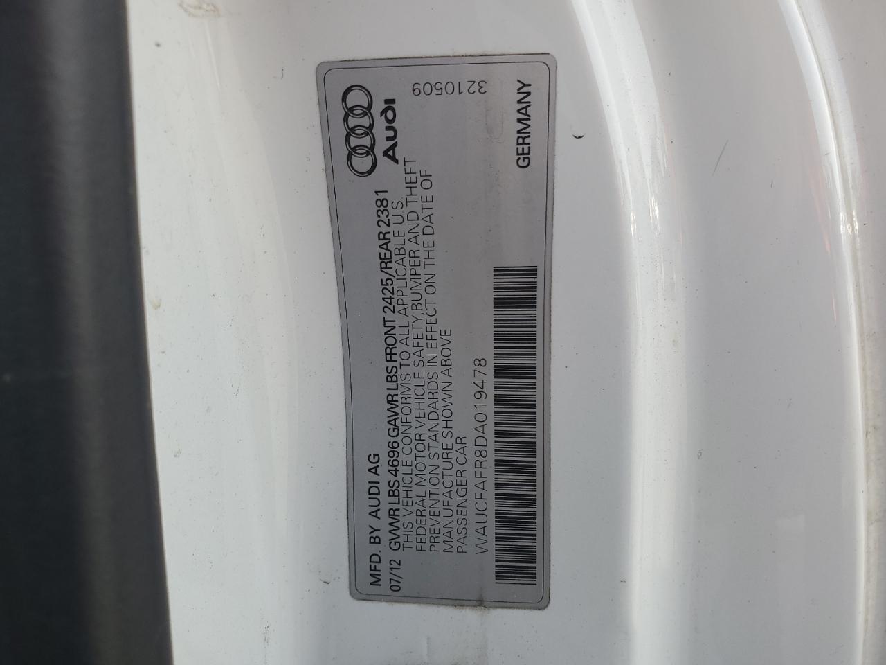 2013 Audi A5 Premium VIN: WAUCFAFR8DA019478 Lot: 86476065