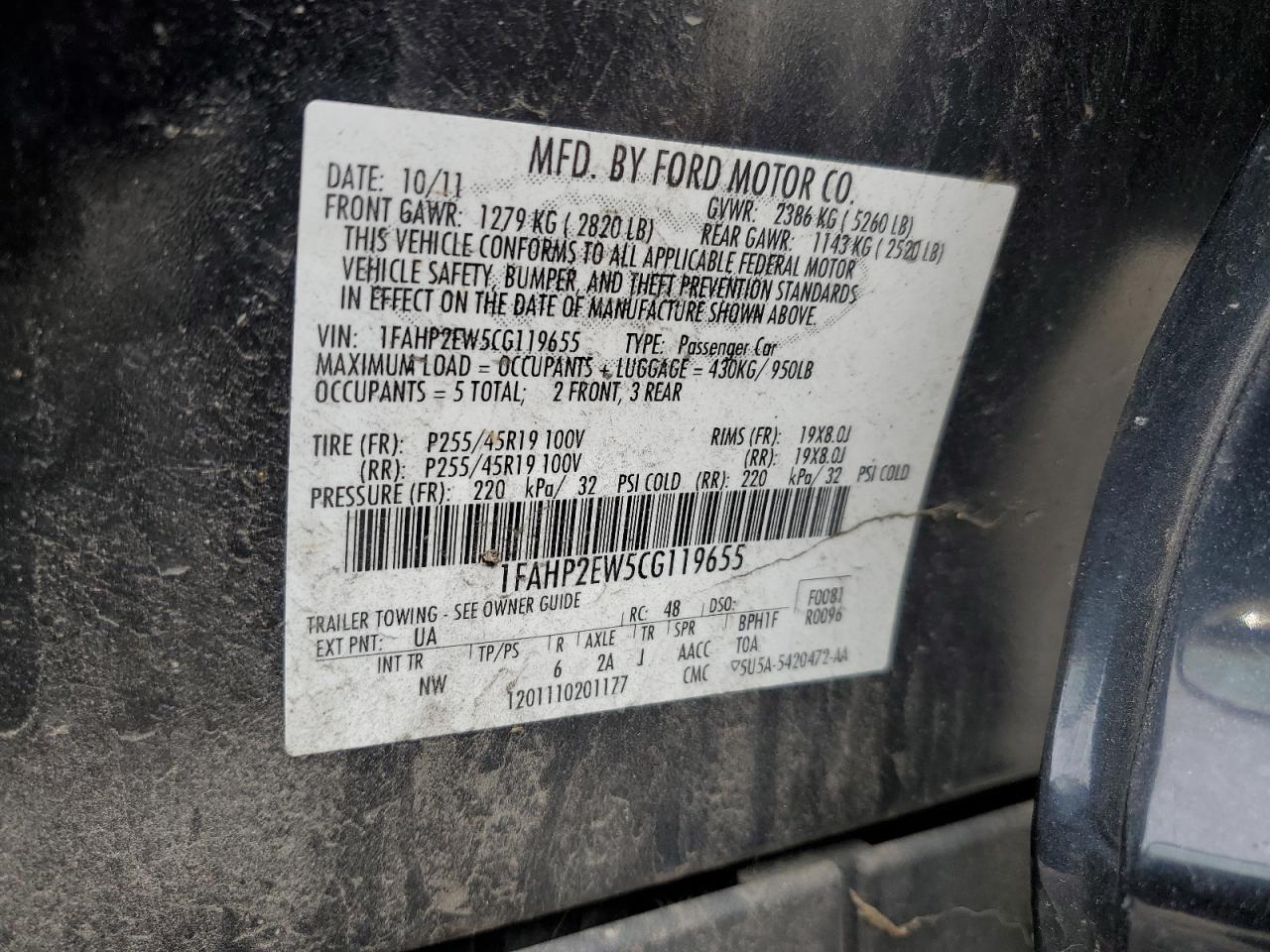 2012 Ford Taurus Sel VIN: 1FAHP2EW5CG119655 Lot: 84752625