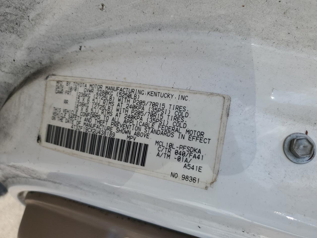 2002 Toyota Sienna Ce VIN: 4T3ZF19CX2U438189 Lot: 85167945