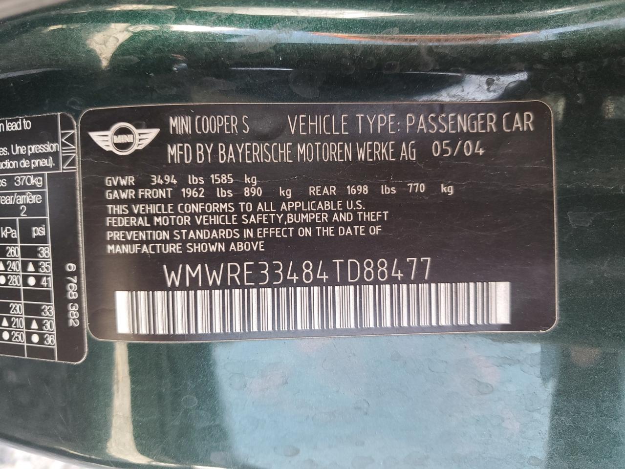 2004 Mini Cooper S VIN: WMWRE33484TD88477 Lot: 89685435