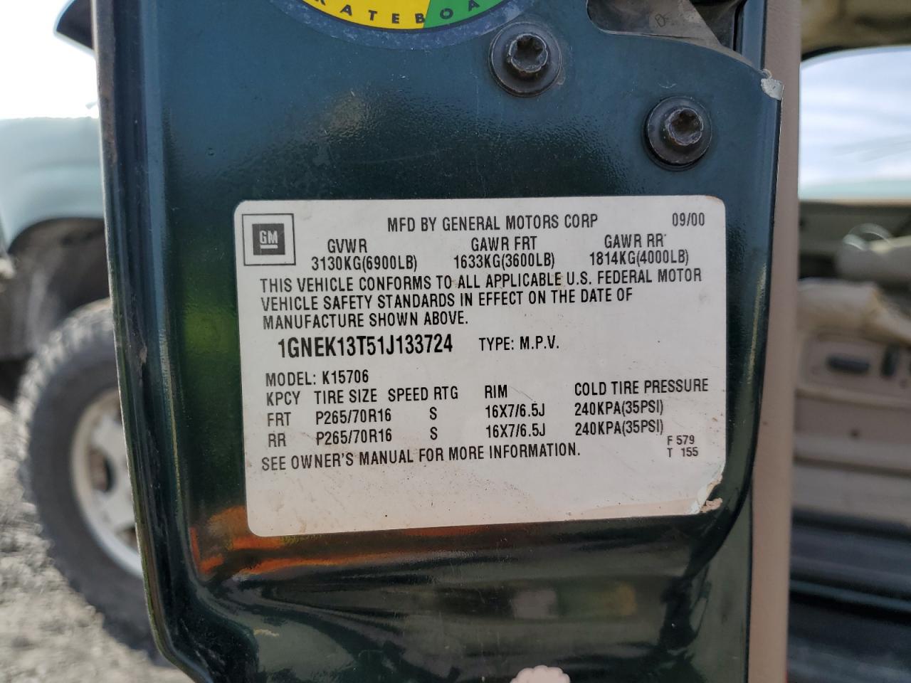 2001 Chevrolet Tahoe K1500 VIN: 1GNEK13T51J133724 Lot: 82706065