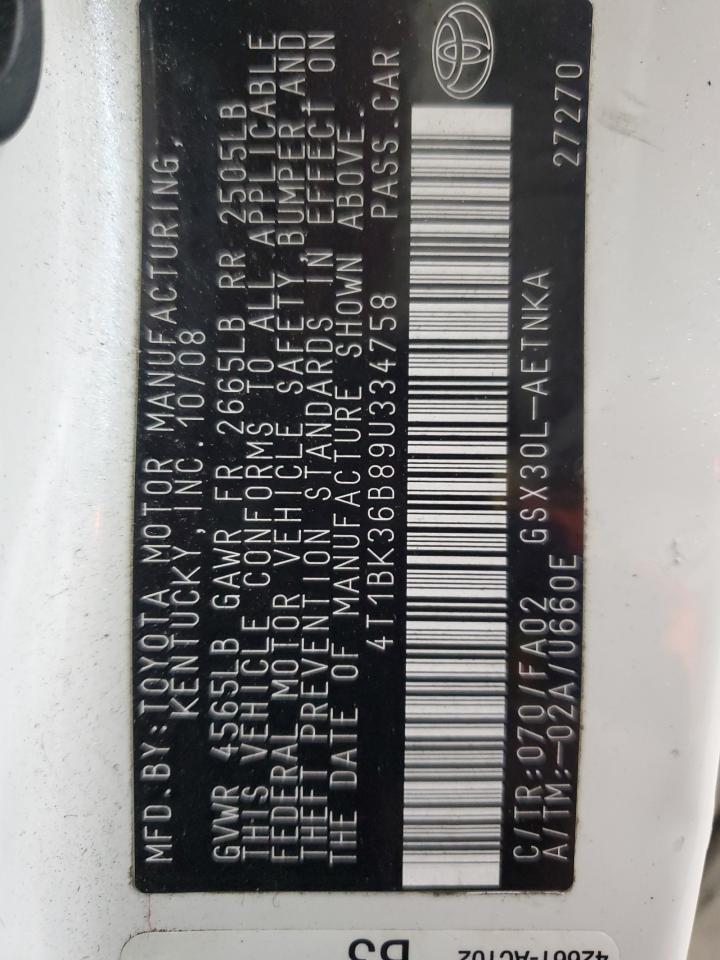 2009 Toyota Avalon Xl VIN: 4T1BK36B89U334758 Lot: 89736905