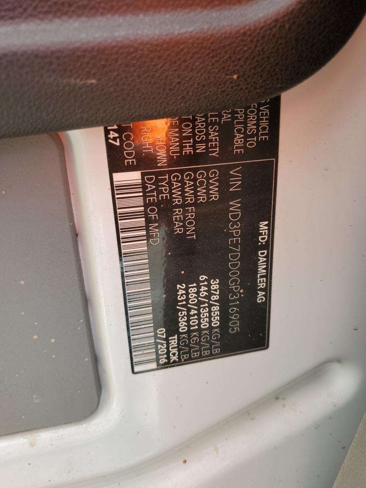 2016 Mercedes-Benz Sprinter 2500 VIN: WD3PE7DD0GP316905 Lot: 84416925
