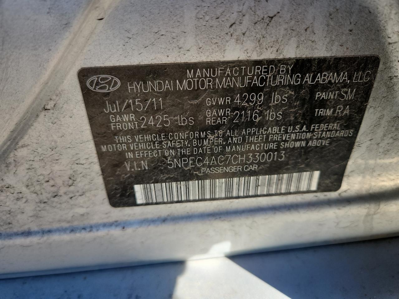 2012 Hyundai Sonata Se VIN: 5NPEC4AC7CH330013 Lot: 87467895