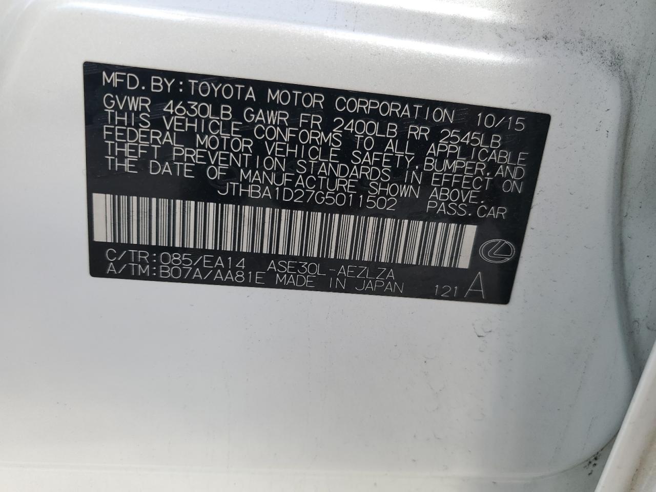 2016 Lexus Is 200T VIN: JTHBA1D27G5011502 Lot: 84478775