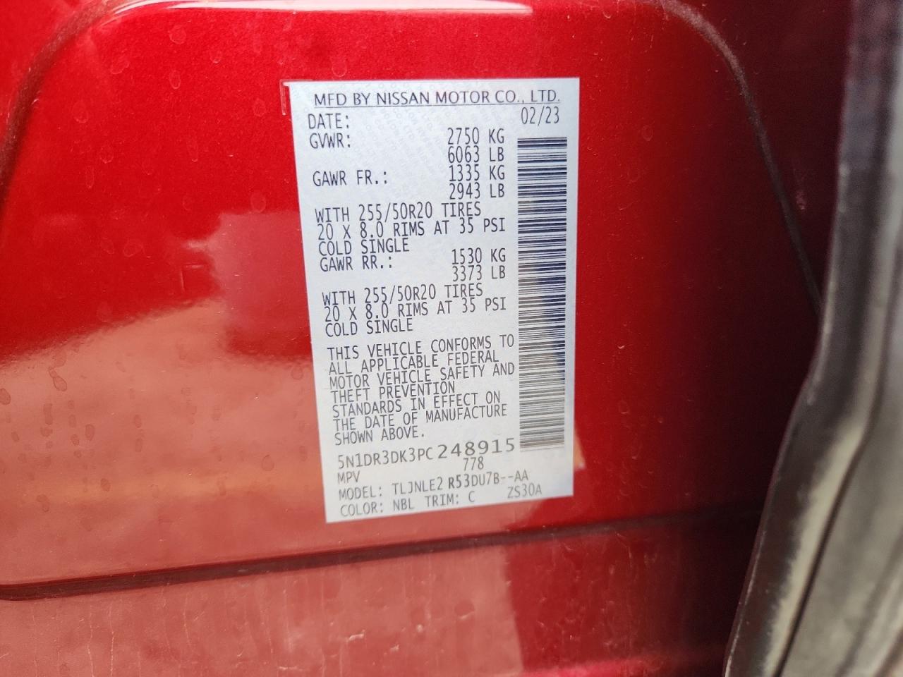 2023 Nissan Pathfinder Platinum VIN: 5N1DR3DK3PC248915 Lot: 82490735