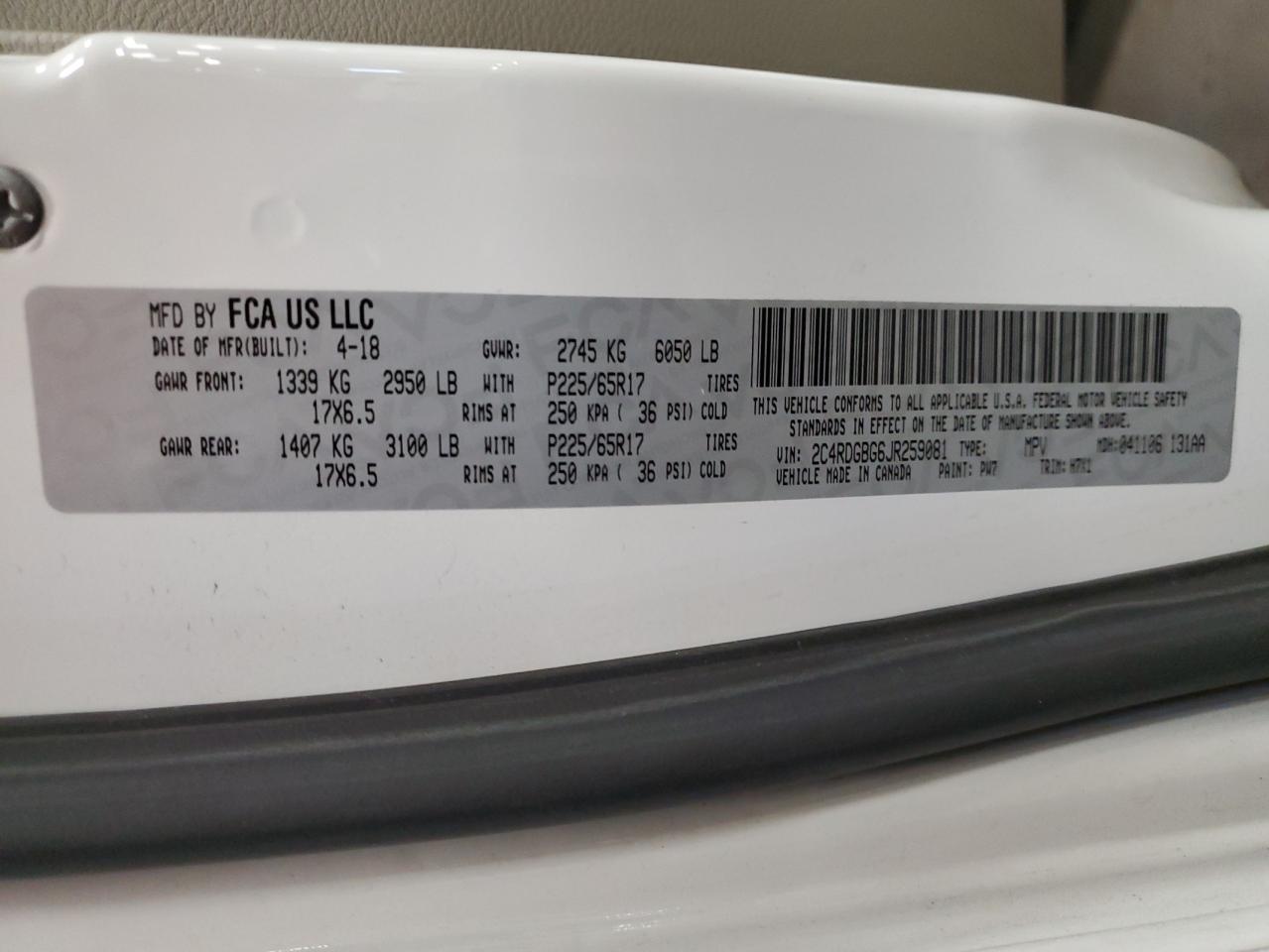 2018 Dodge Grand Caravan Se VIN: 2C4RDGBG6JR259081 Lot: 82279285