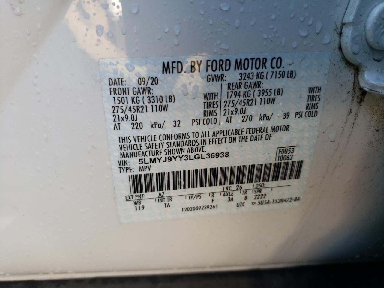 2020 Lincoln Aviator Black Label Grand Touring VIN: 5LMYJ9YY3LGL36938 Lot: 90583265