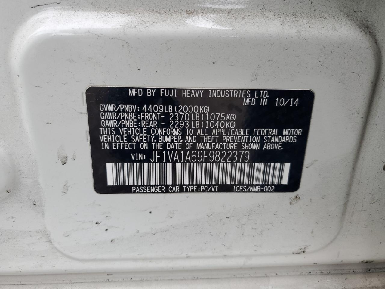 2015 Subaru Wrx VIN: JF1VA1A69F9822379 Lot: 86238255