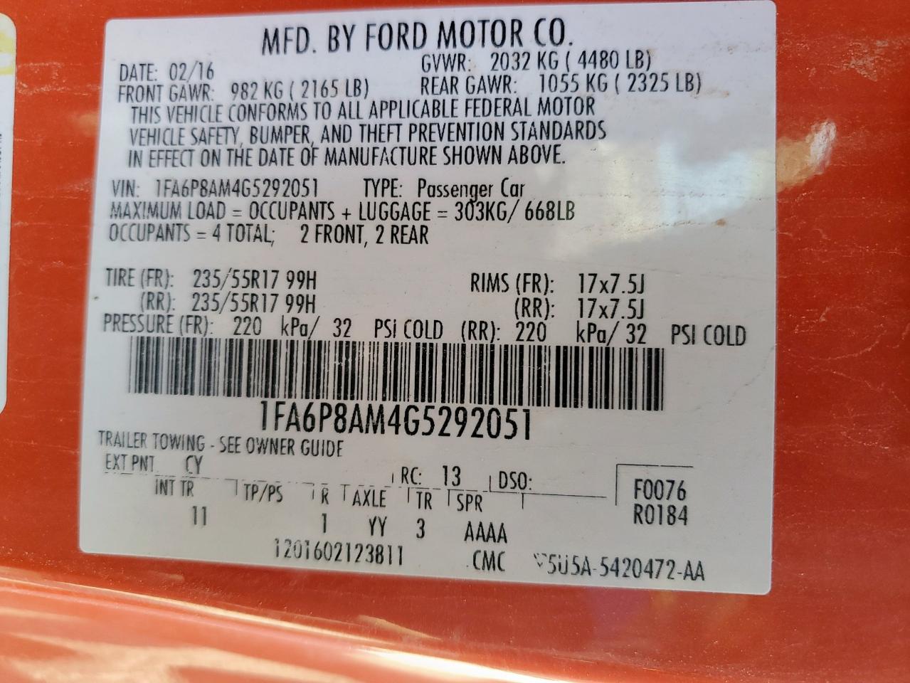 2016 Ford Mustang VIN: 1FA6P8AM4G5292051 Lot: 90331635