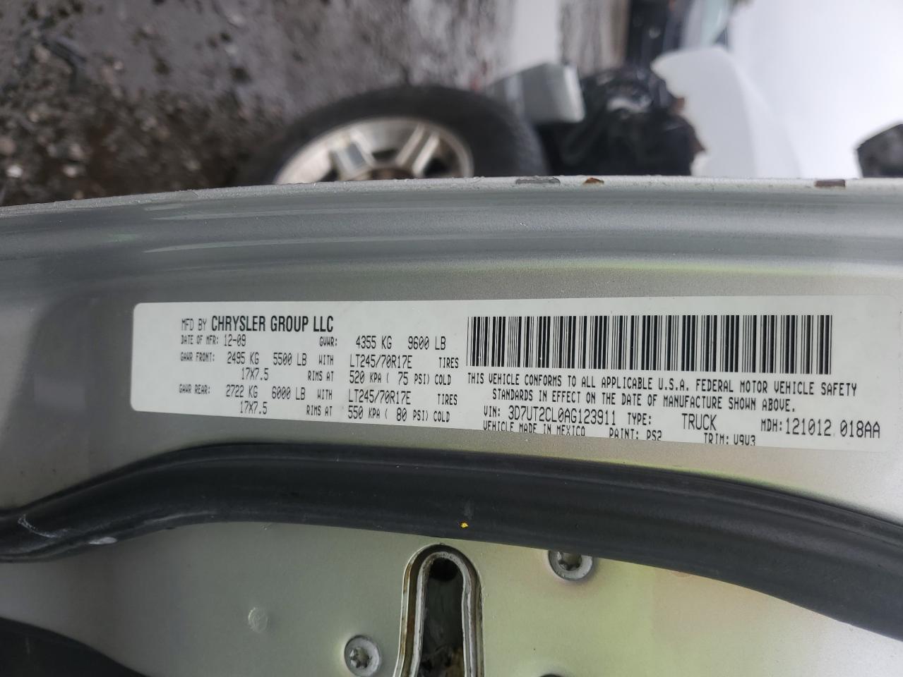 2010 Dodge Ram 2500 VIN: 3D7UT2CL0AG123911 Lot: 87054555