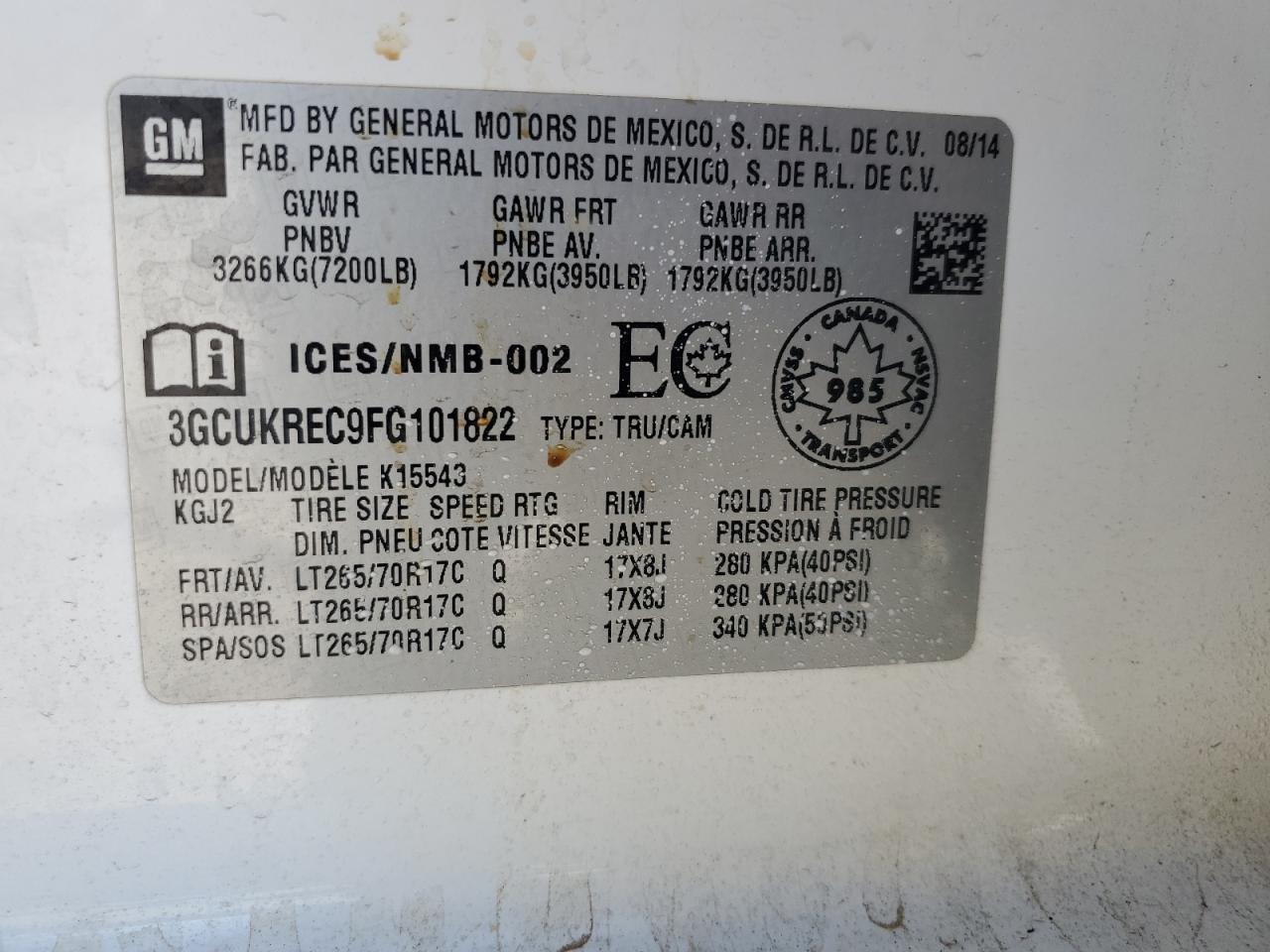 2015 Chevrolet Silverado K1500 Lt VIN: 3GCUKREC9FG101822 Lot: 85197265