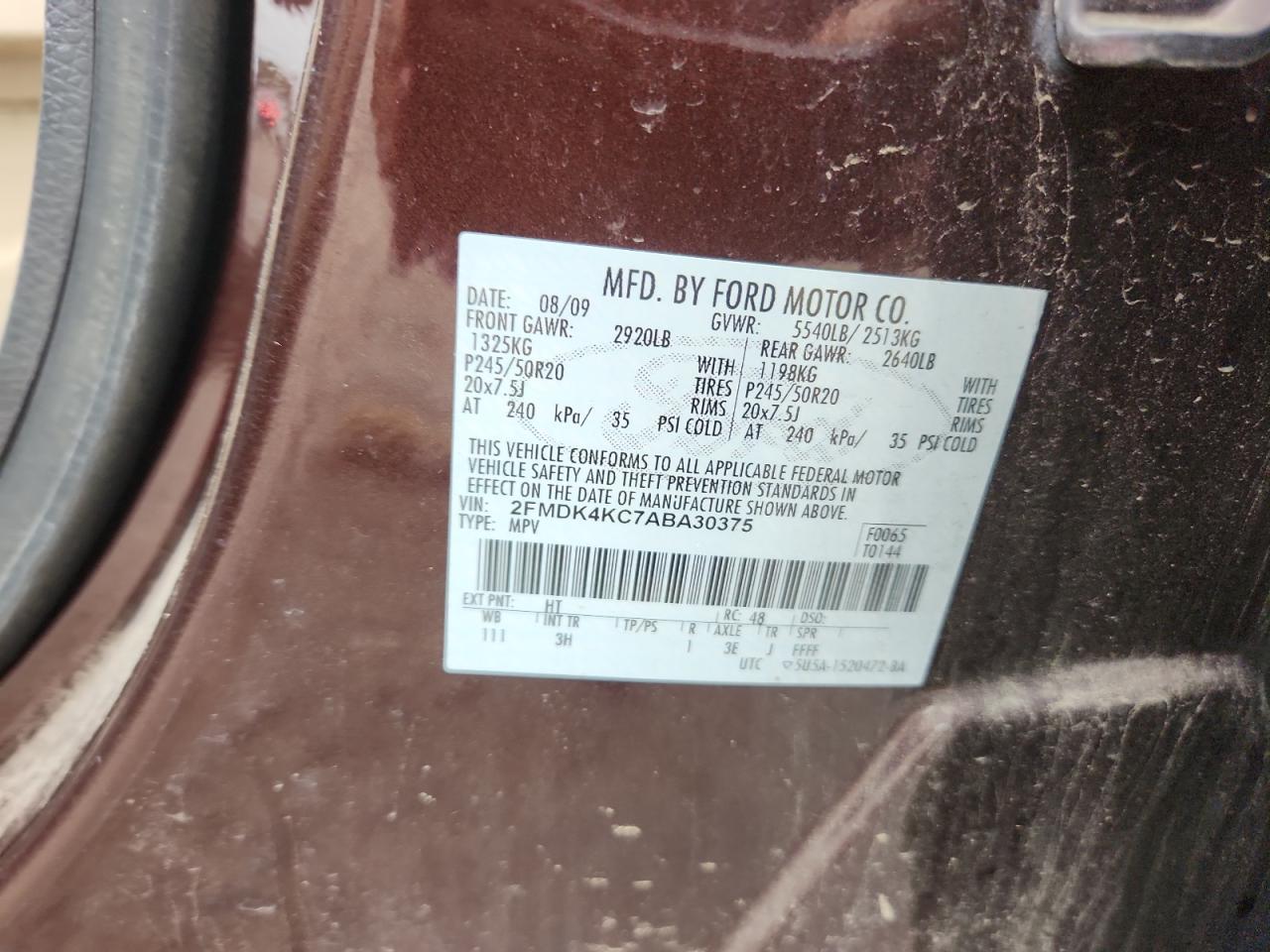 2010 Ford Edge Limited VIN: 2FMDK4KC7ABA30375 Lot: 90405395