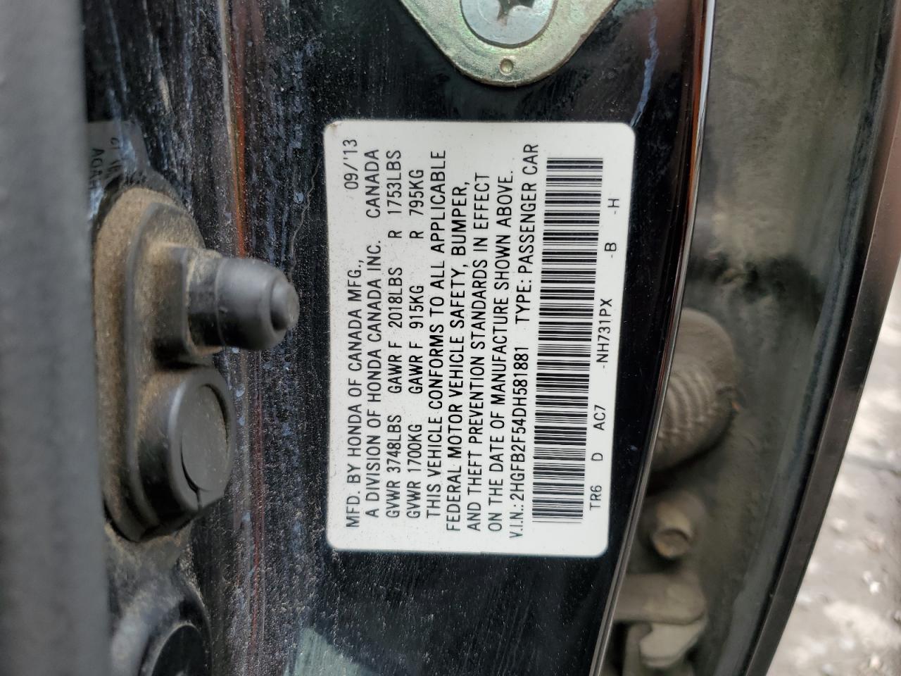 2013 Honda Civic Lx VIN: 2HGFB2F54DH581881 Lot: 86217605