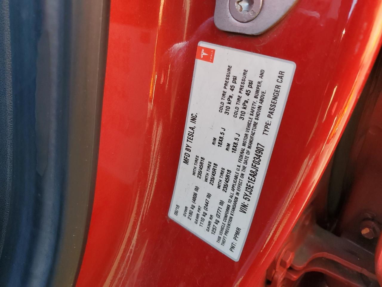 2018 Tesla Model 3 VIN: 5YJ3E1EA8JF034907 Lot: 82781445