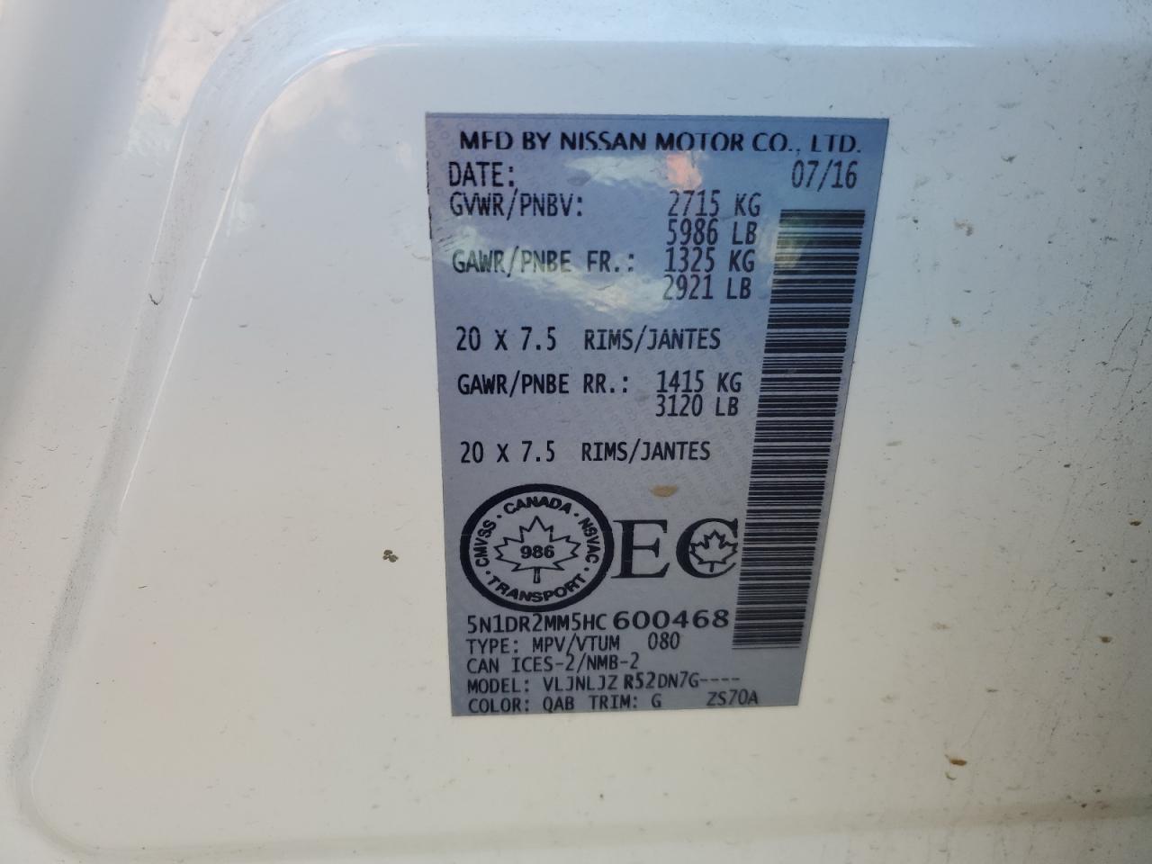 2017 Nissan Pathfinder S VIN: 5N1DR2MM5HC600468 Lot: 85298455