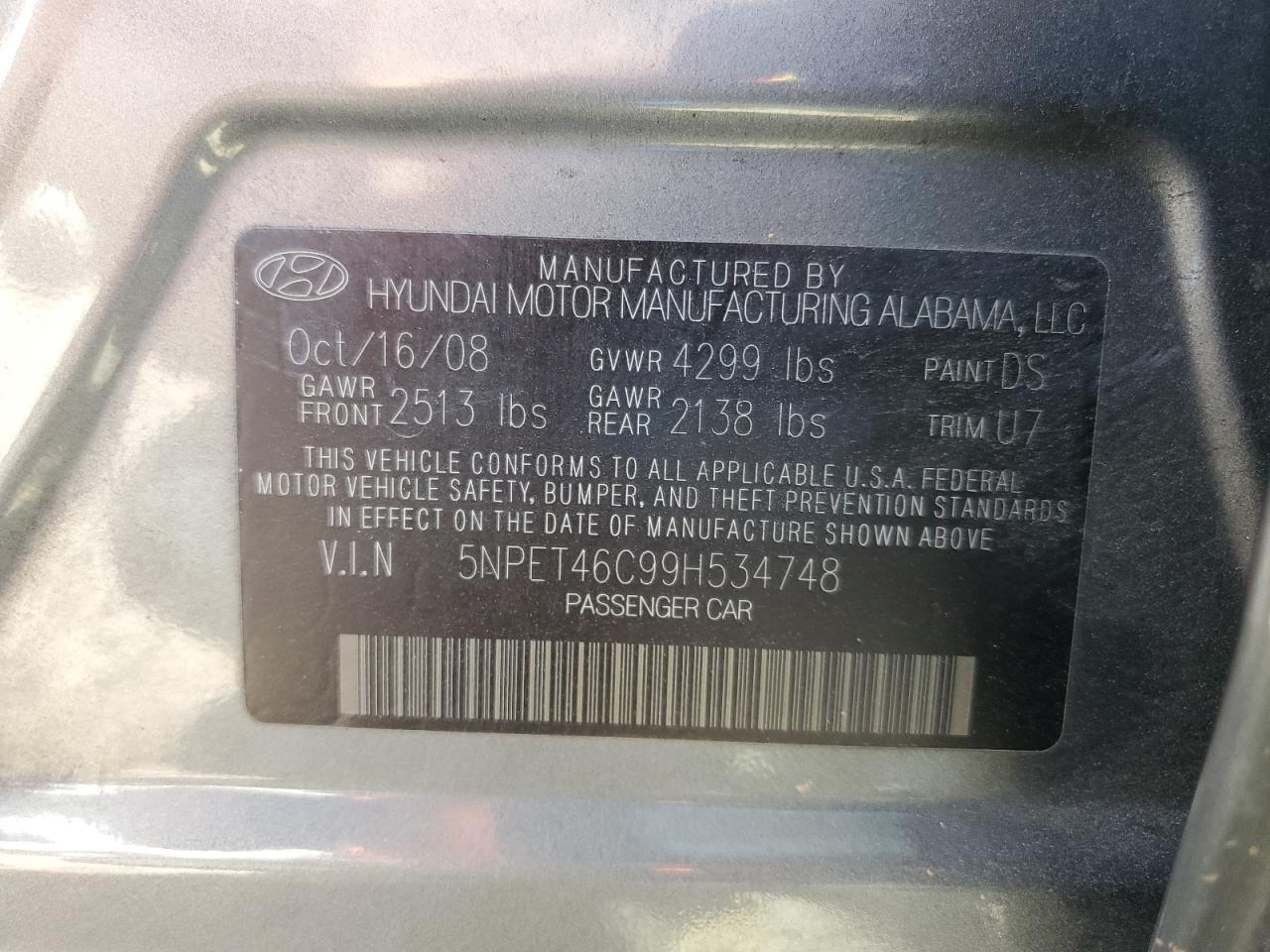 2009 Hyundai Sonata Gls VIN: 5NPET46C99H534748 Lot: 86086775