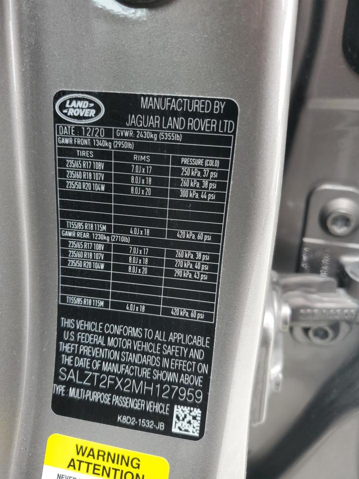 2021 Land Rover Range Rover Evoque R-Dynamic S VIN: SALZT2FX2MH127959 Lot: 85133915