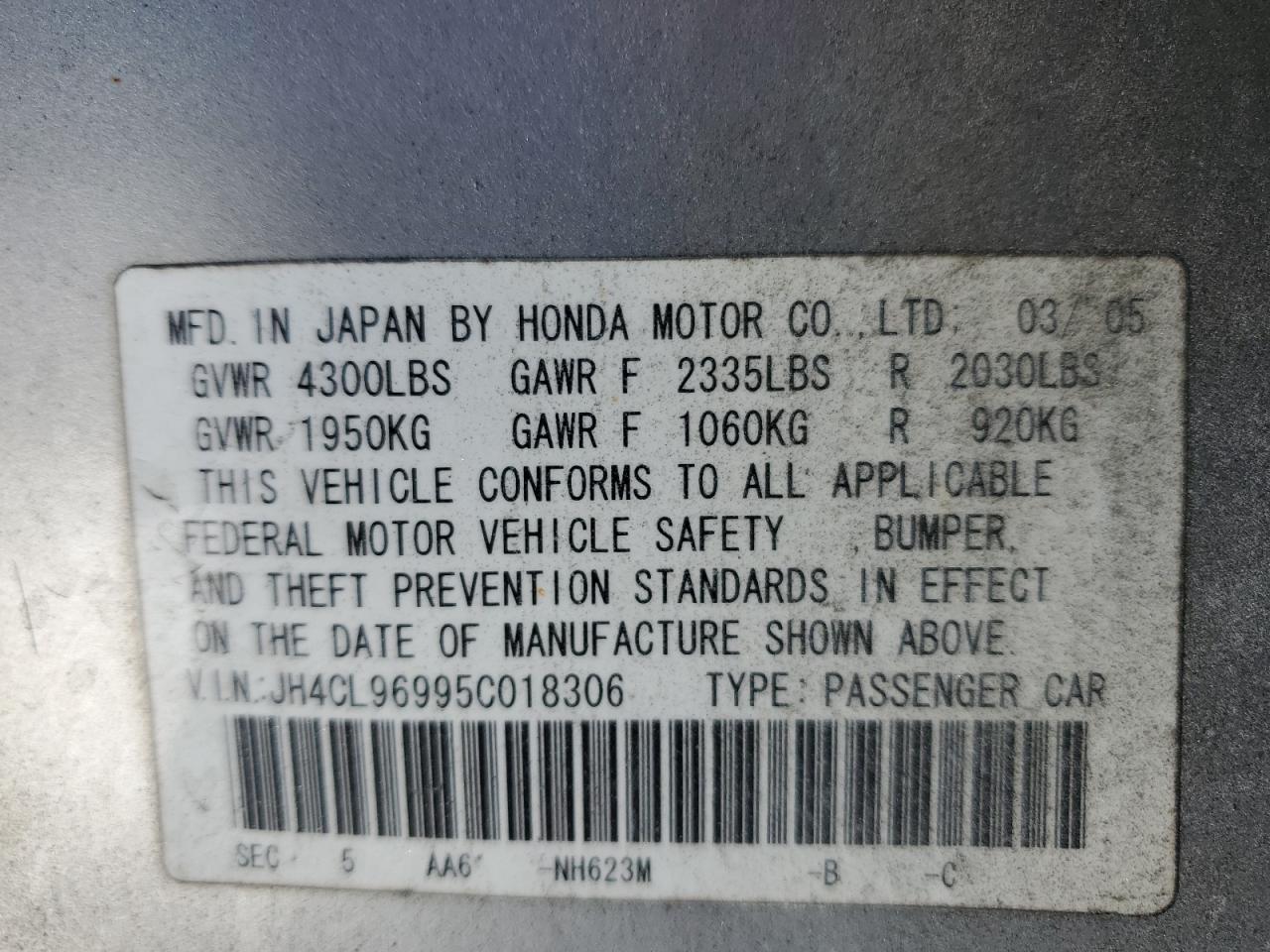 2005 Acura Tsx VIN: JH4CL96995C018306 Lot: 84786905