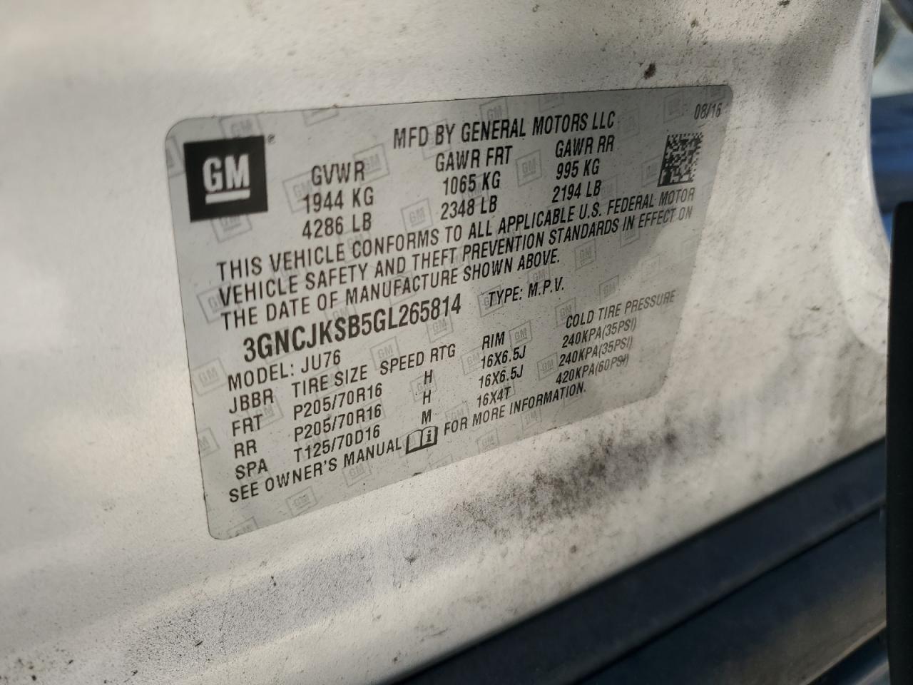 2016 Chevrolet Trax Ls VIN: 3GNCJKSB5GL265814 Lot: 87079165