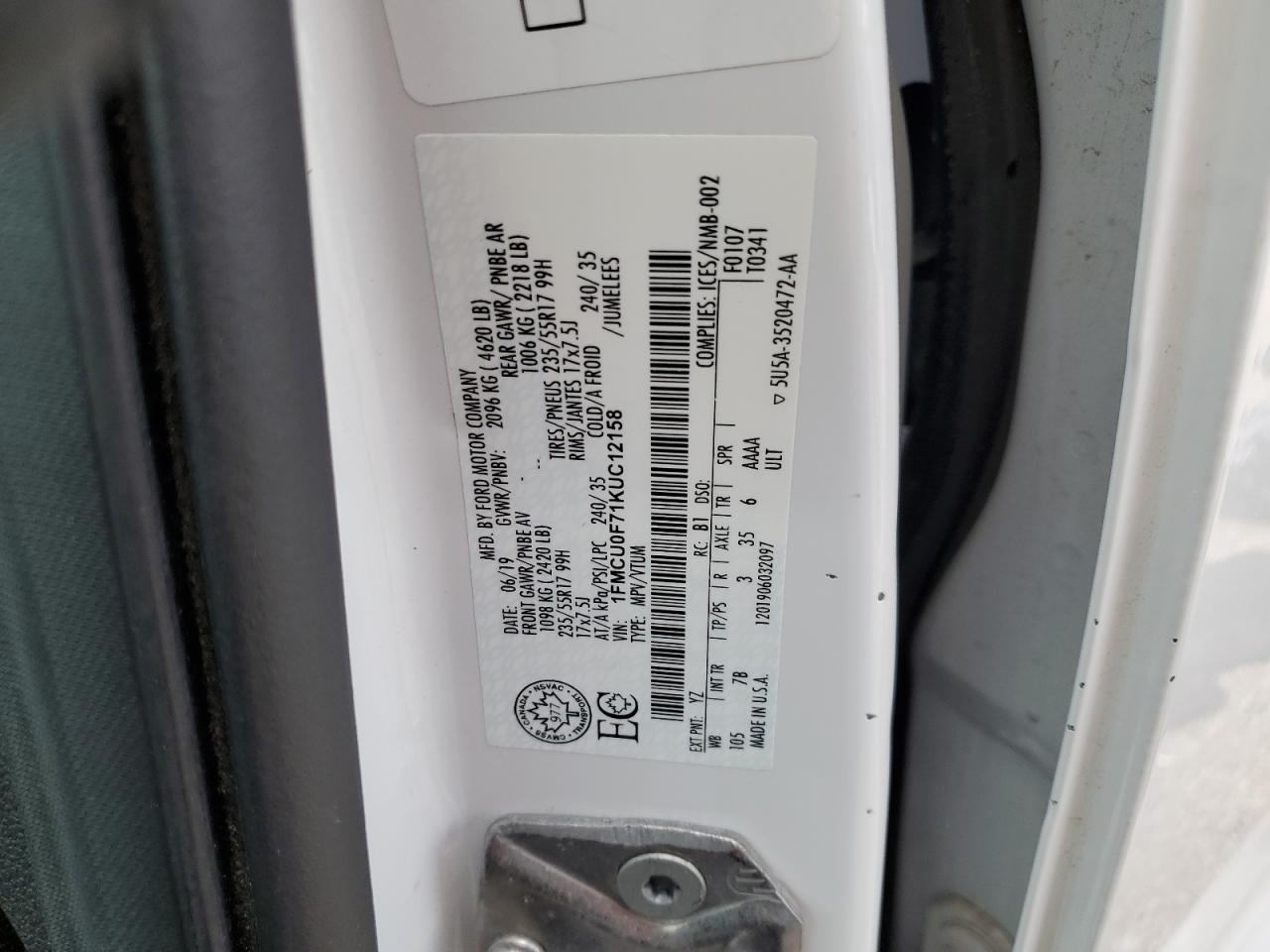 2019 Ford Escape S VIN: 1FMCU0F71KUC12158 Lot: 85006765