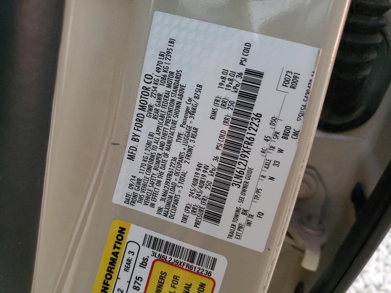 2015 Lincoln Mkz VIN: 3LN6L2J9XFR612236 Lot: 87073075
