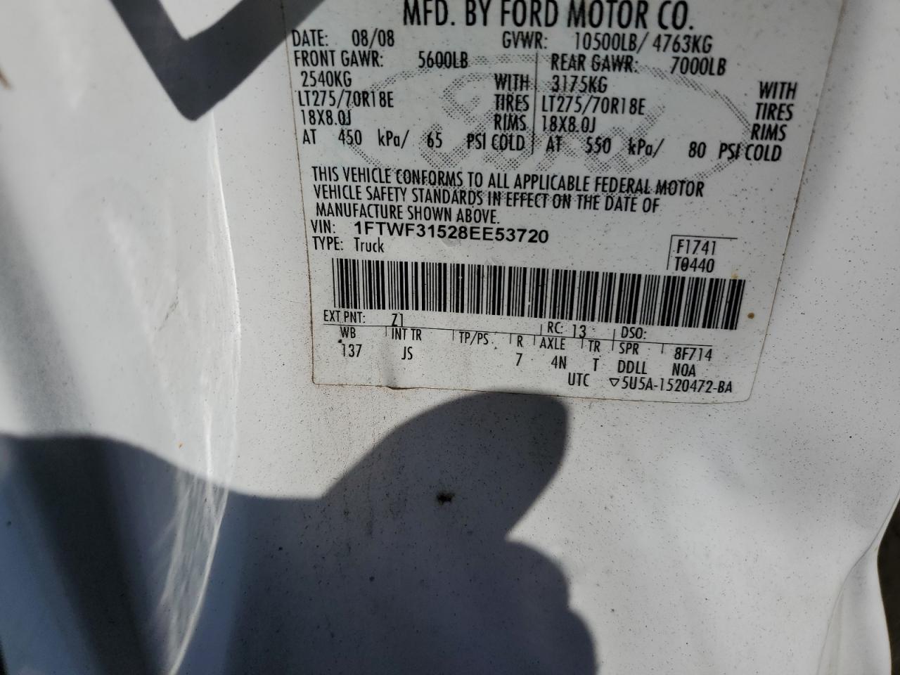 2008 Ford F350 Super Duty Flat Bed Truck VIN: 1FTWF31528EE53720 Lot: 87385555