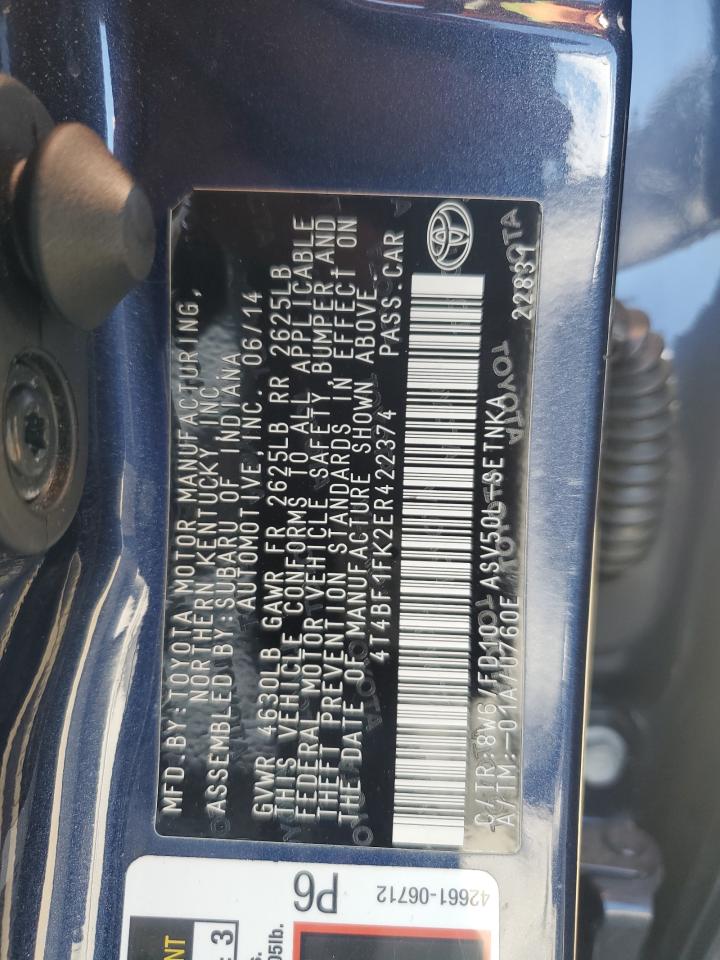 2014 Toyota Camry L VIN: 4T4BF1FK2ER422374 Lot: 85180665