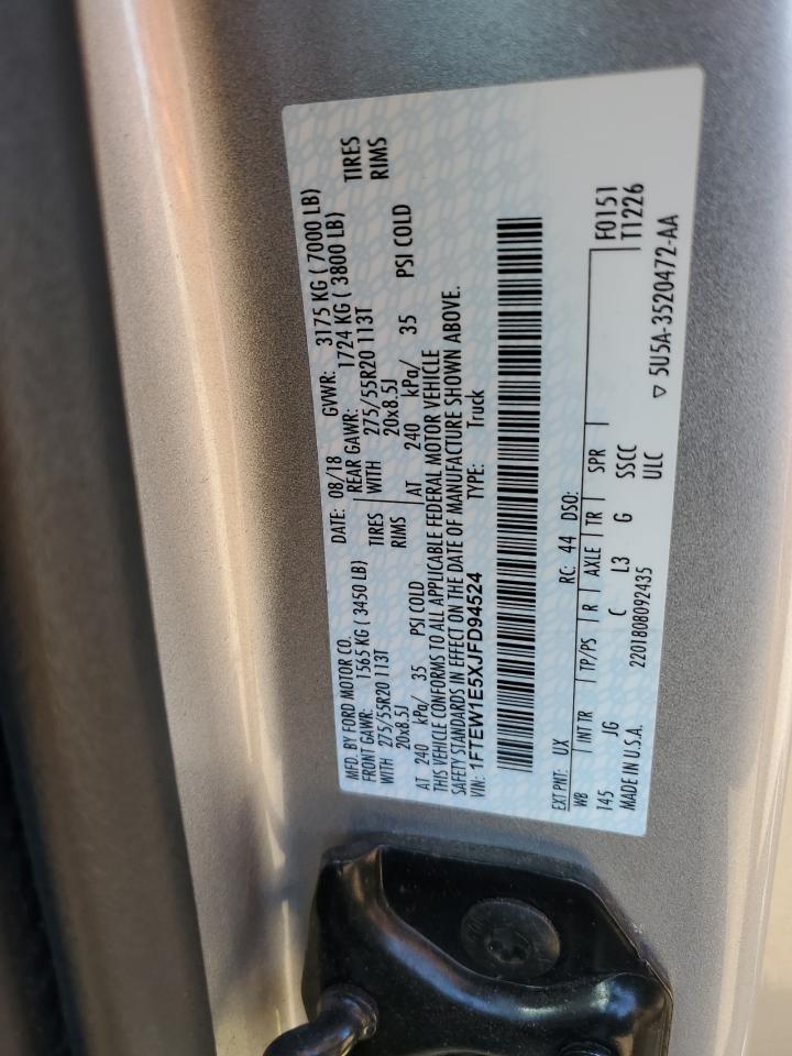 2018 Ford F150 Supercrew VIN: 1FTEW1E5XJFD94524 Lot: 82219475