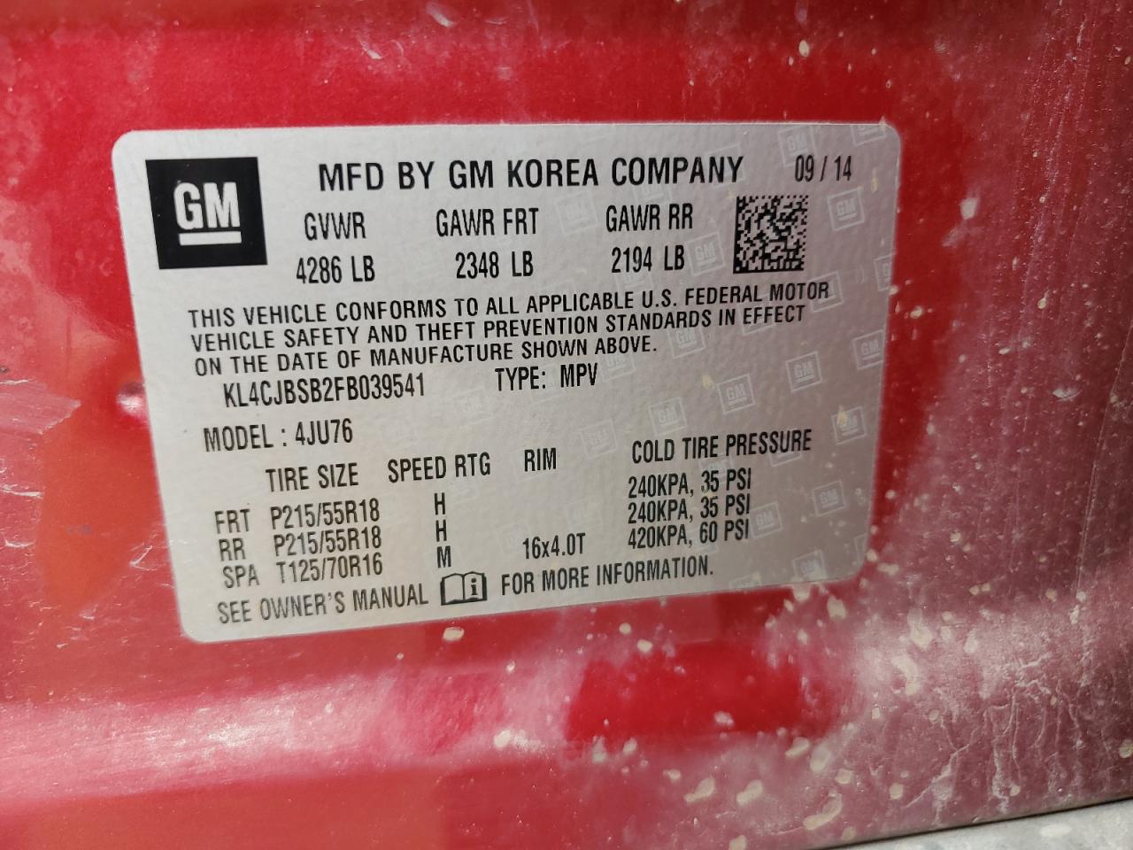 2015 Buick Encore Convenience VIN: KL4CJBSB2FB039541 Lot: 84888655