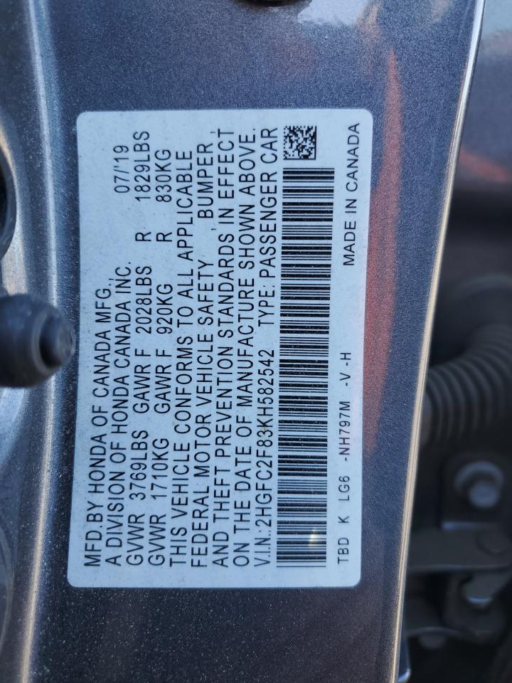 2019 Honda Civic Sport VIN: 2HGFC2F83KH582542 Lot: 82321395