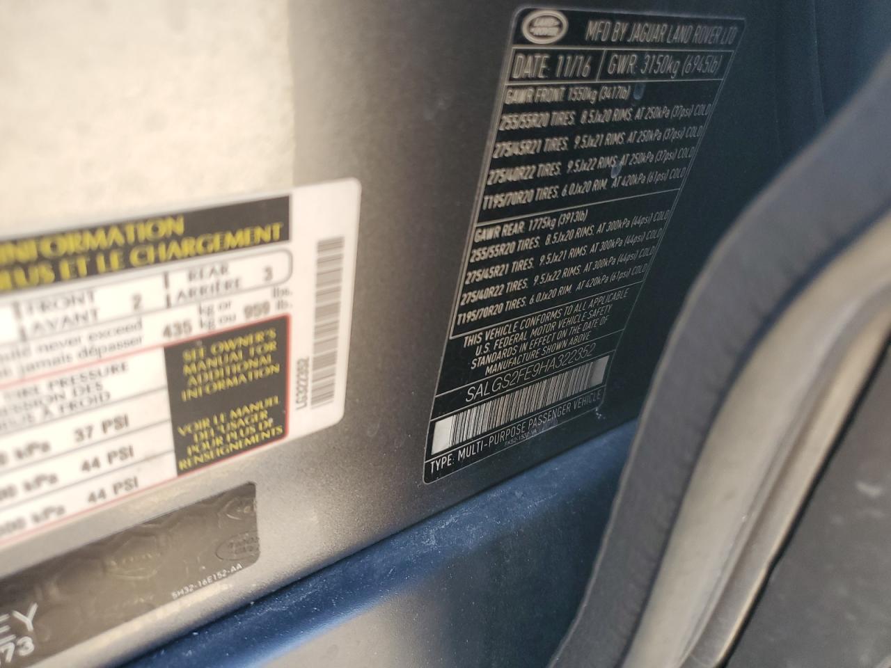 2017 Land Rover Range Rover Supercharged VIN: SALGS2FE9HA322352 Lot: 82621705