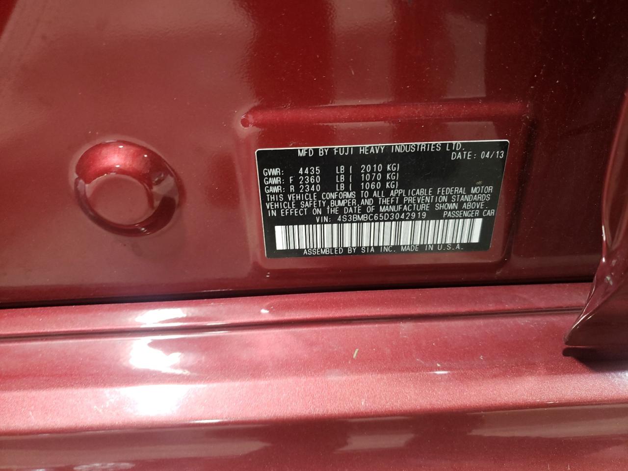 2013 Subaru Legacy 2.5I Premium VIN: 4S3BMBC65D3042919 Lot: 90605605