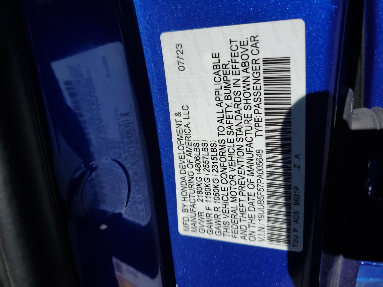 2023 Acura Tlx Tech A VIN: 19UUB5F57PA005648 Lot: 86862255