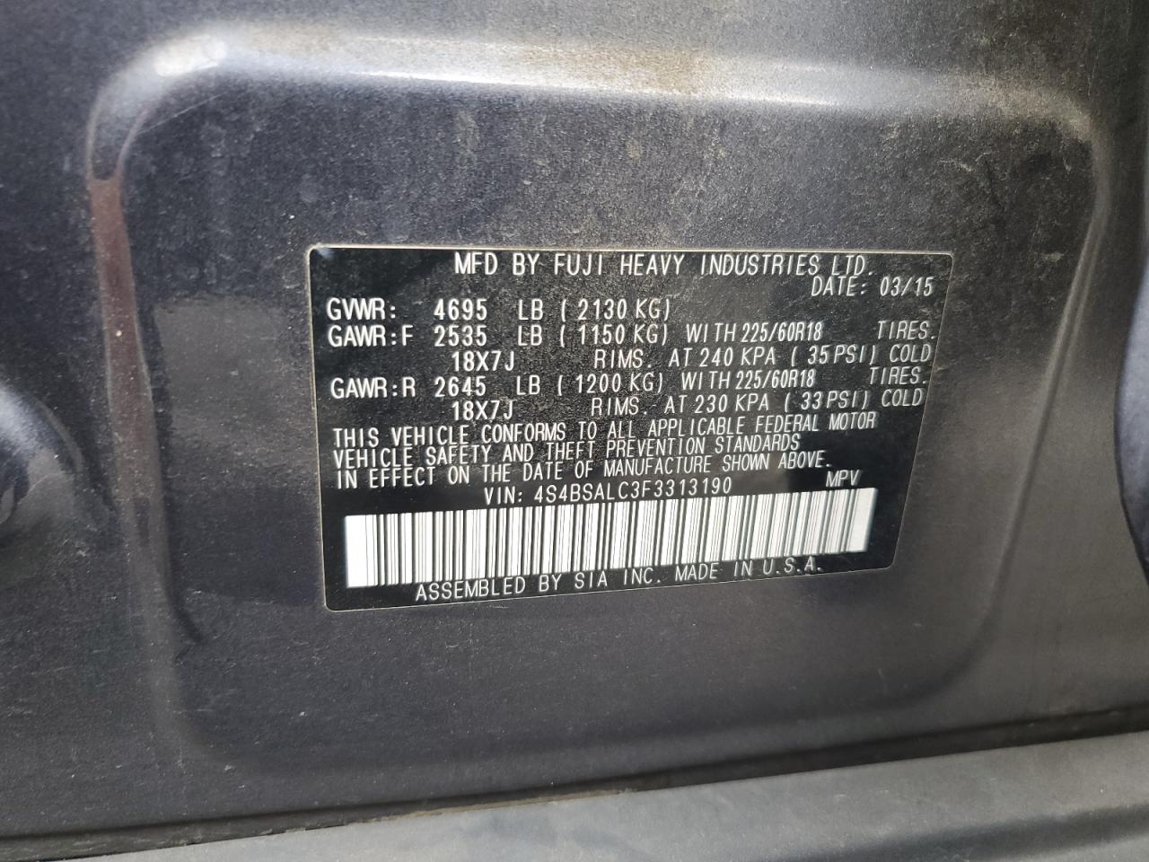 2015 Subaru Outback 2.5I Limited VIN: 4S4BSALC3F3313190 Lot: 85317535